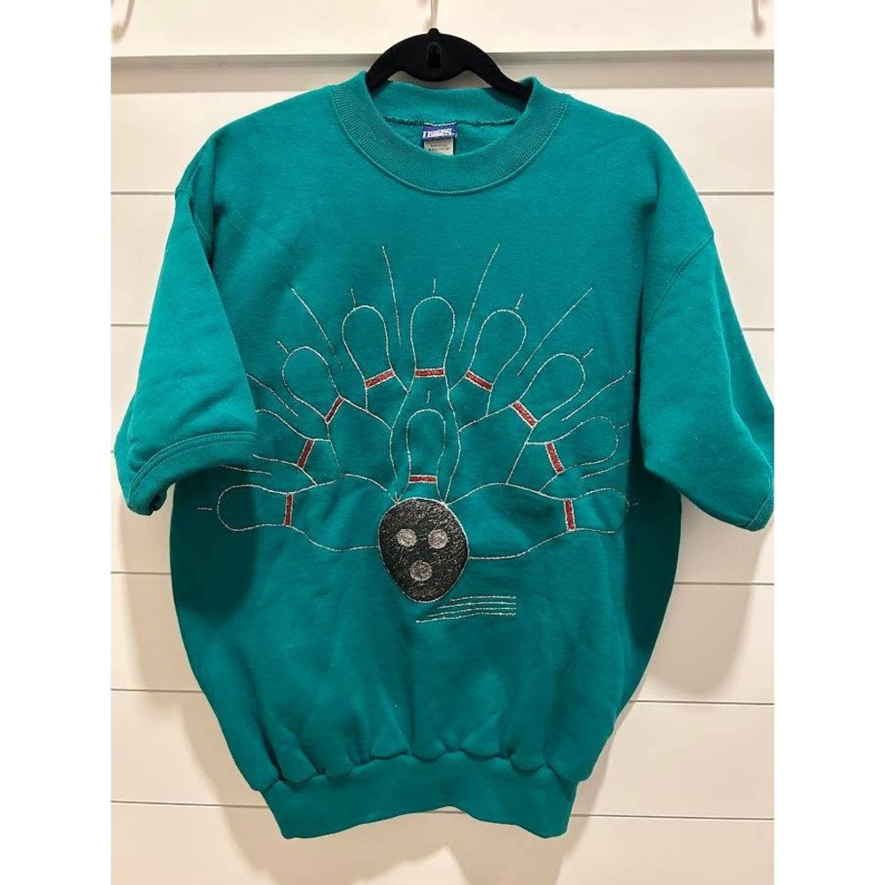Vintage Honors Sport Mens Teal Green Bowling Graphic Short Sleeve Sweatshirt L